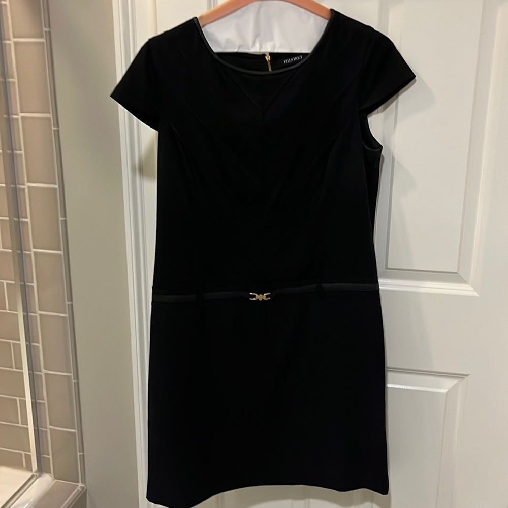 Ellen Tracy black short sleeve dress. Size 12. Zipper up back. Faux leather trim
